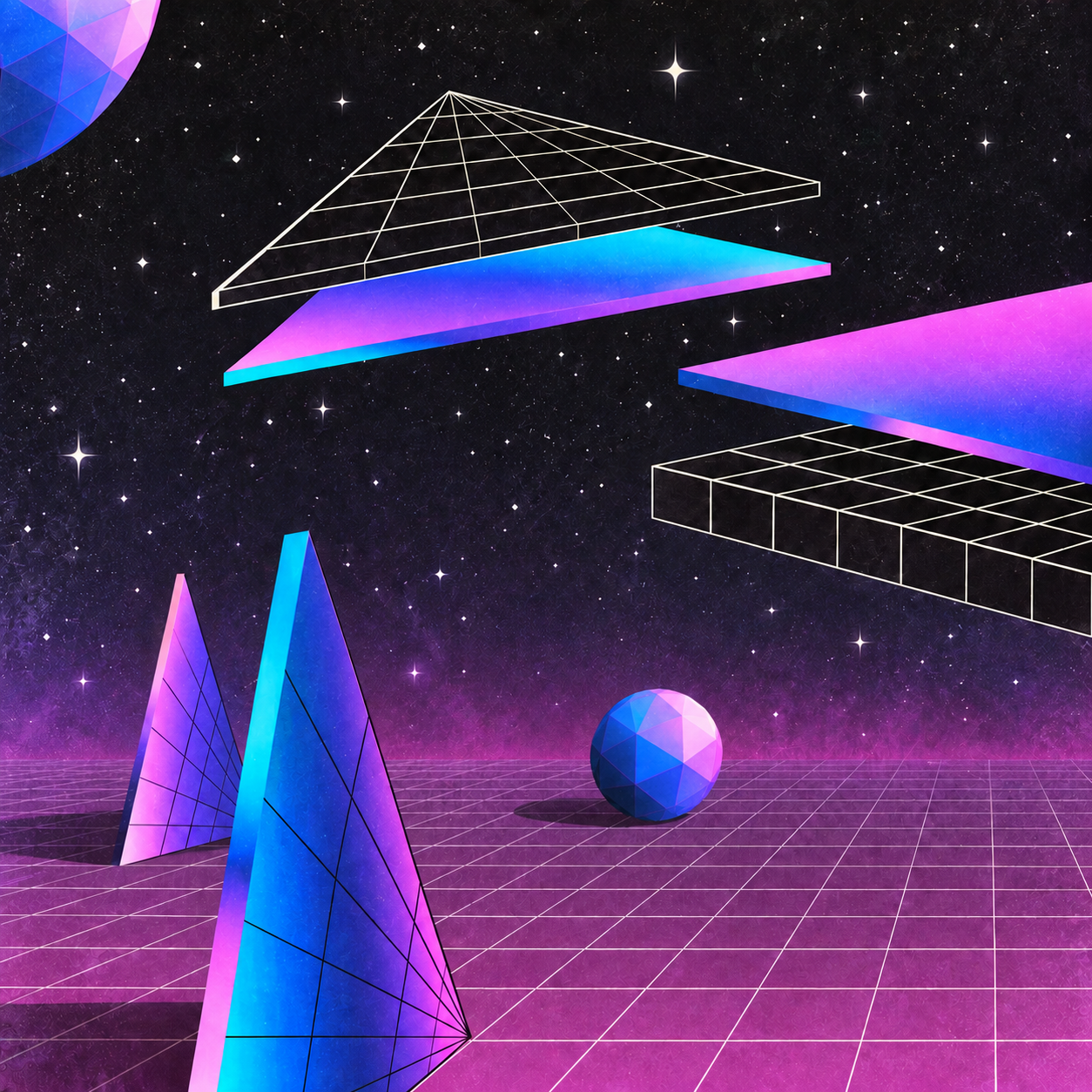 Pink and cyan geometric pyramids